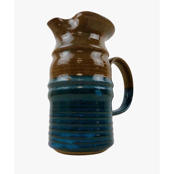 Art Studio Pottery Pitcher Blue Brown Color Block Handle Pour Spout Signed - Picture 4 of 10